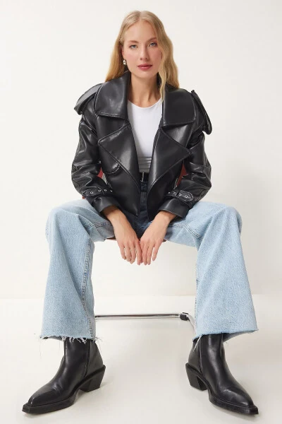 Women's Black Oversized Faux Leather Jacket OH00059 - HAPPINESS İSTANBUL