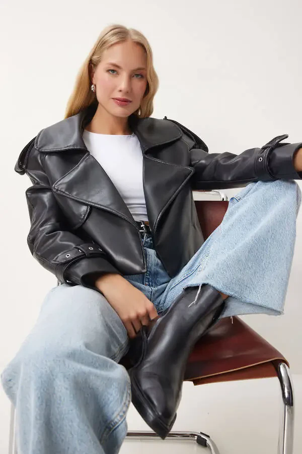 Women's Black Oversized Faux Leather Jacket OH00059 - 2