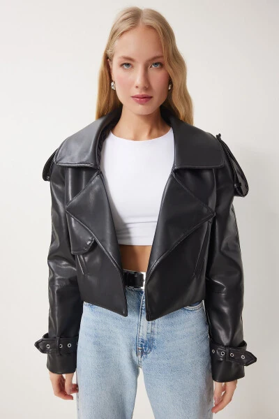 Women's Black Oversized Faux Leather Jacket OH00059 - 3