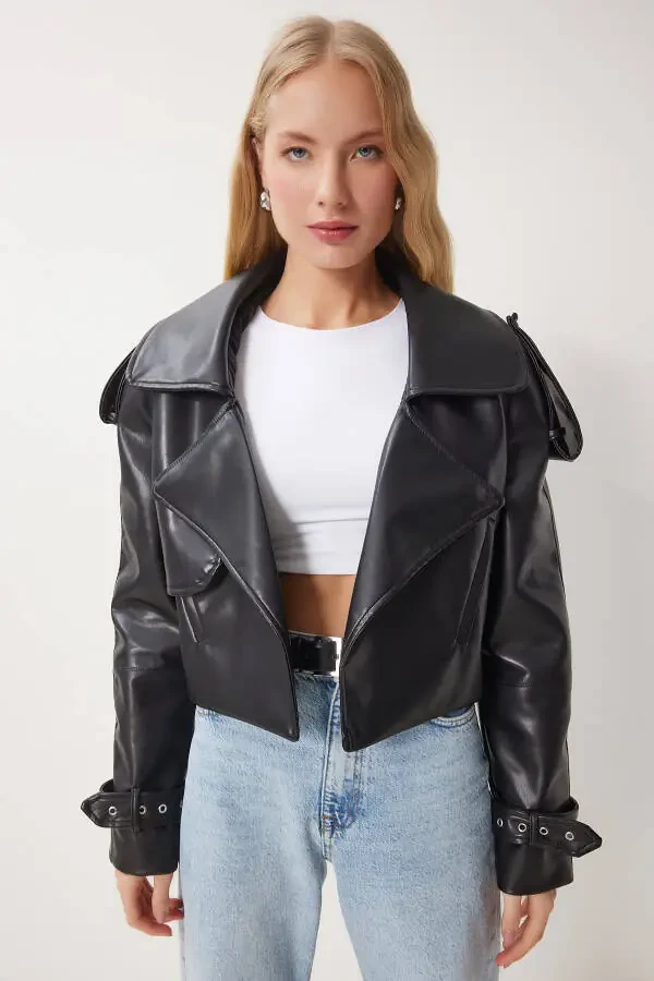 Women's Black Oversized Faux Leather Jacket OH00059 - 3