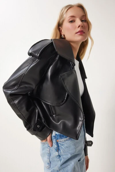 Women's Black Oversized Faux Leather Jacket OH00059 - 4