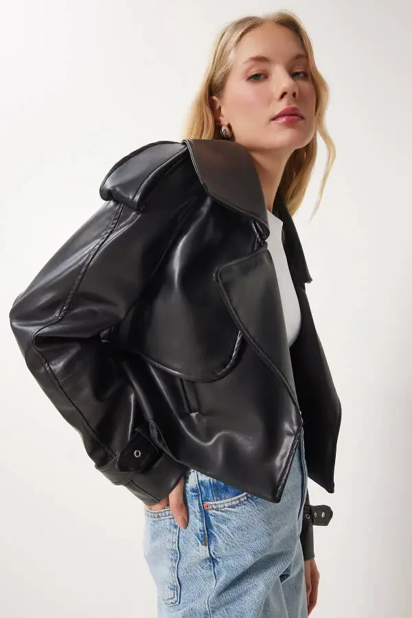 Women's Black Oversized Faux Leather Jacket OH00059 - 4