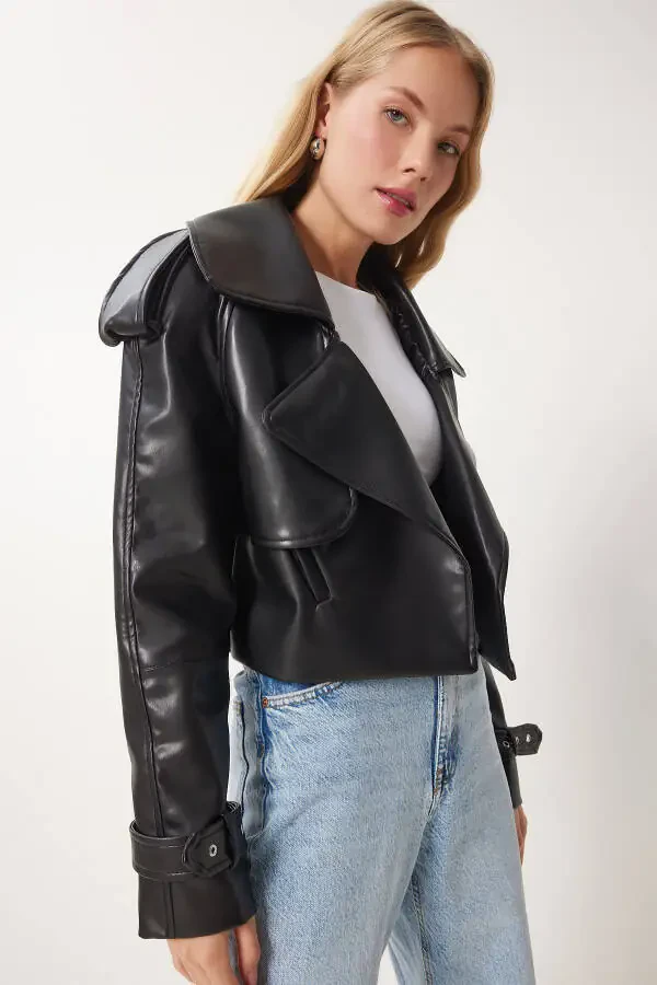 Women's Black Oversized Faux Leather Jacket OH00059 - 5
