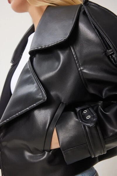 Women's Black Oversized Faux Leather Jacket OH00059 - 6