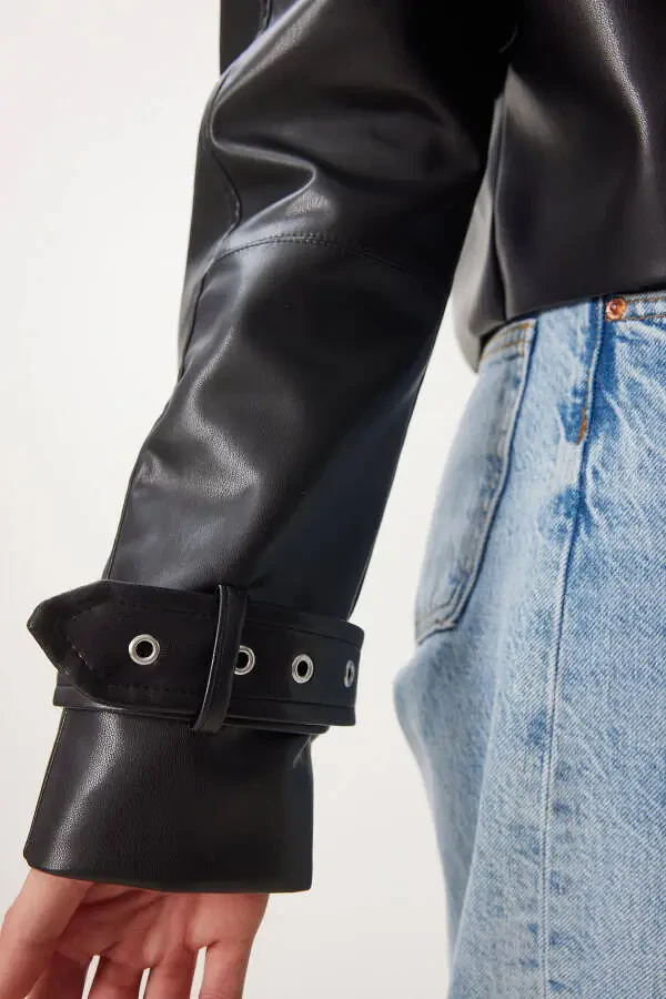 Women's Black Oversized Faux Leather Jacket OH00059 - 8