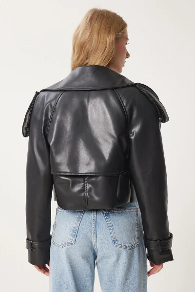 Women's Black Oversized Faux Leather Jacket OH00059 - 10