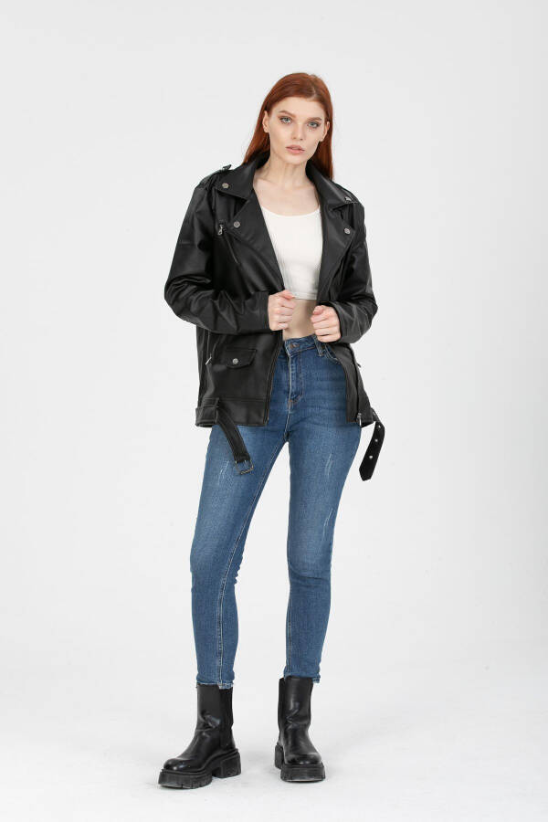 Women's Black Oversized Fur-Lined Belted Biker Leather Jacket - 14