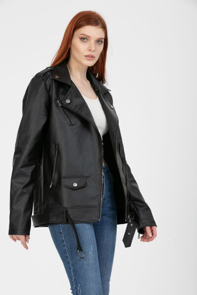 Women's Black Oversized Fur-Lined Belted Biker Leather Jacket - 15