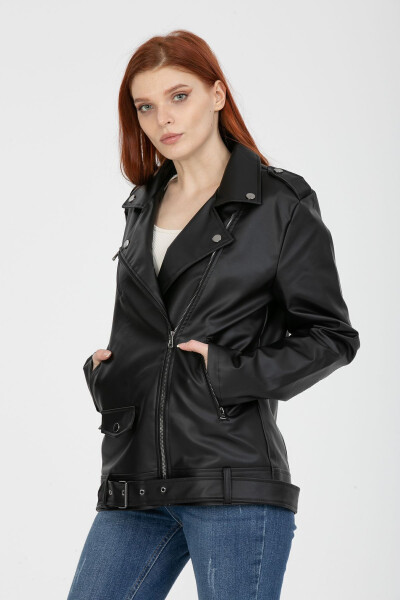 Women's Black Oversized Fur-Lined Belted Biker Leather Jacket - 5