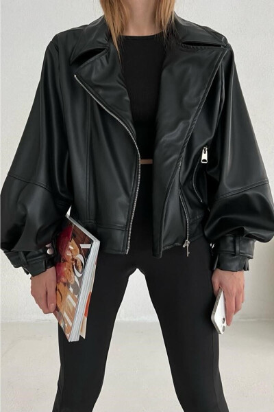 Women's Black Oversized Leather Jacket - 5