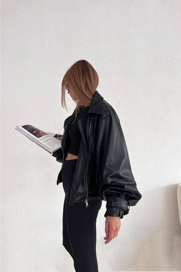 Women's Black Oversized Leather Jacket - 3