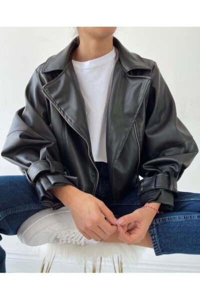 Women's Black Oversized Leather Jacket - 1