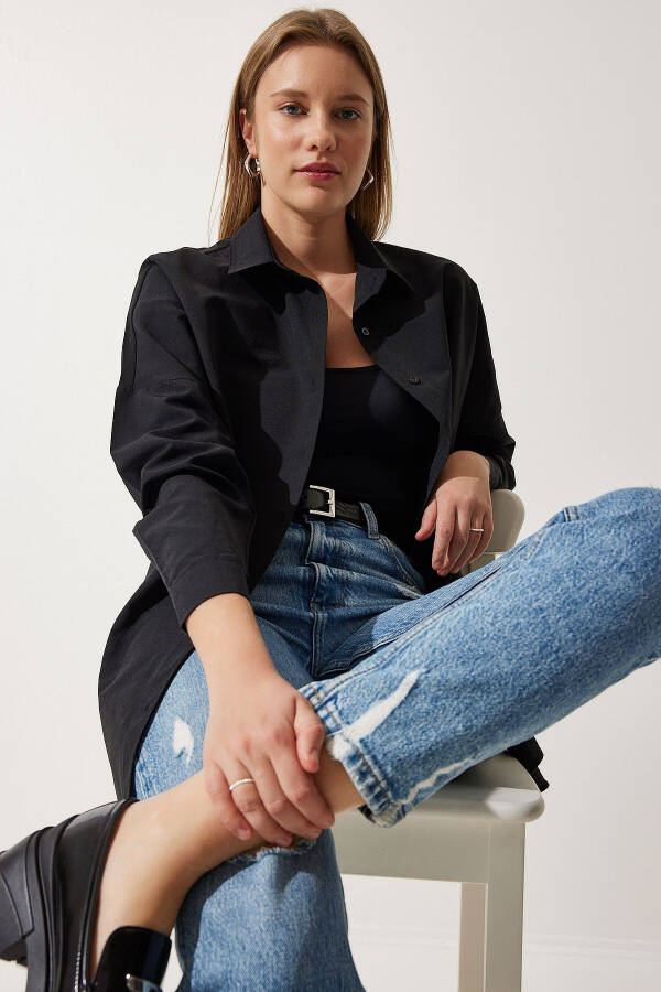 Women's Black Oversized Long Basic Shirt DD00842 - 1