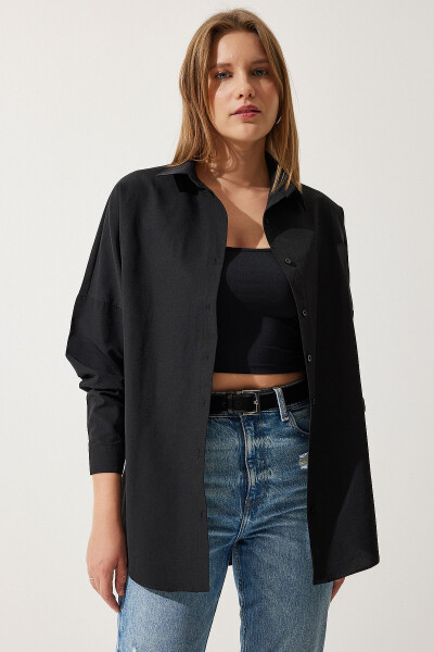 Women's Black Oversized Long Basic Shirt DD00842 - 2