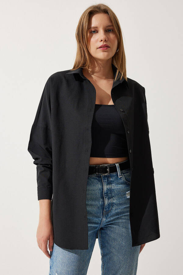 Women's Black Oversized Long Basic Shirt DD00842 - 2