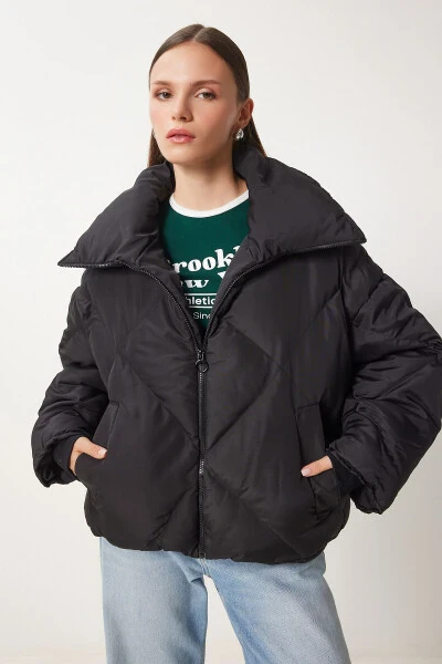 Women's Black Oversized Puffer Jacket RV00006 - HAPPINESS İSTANBUL