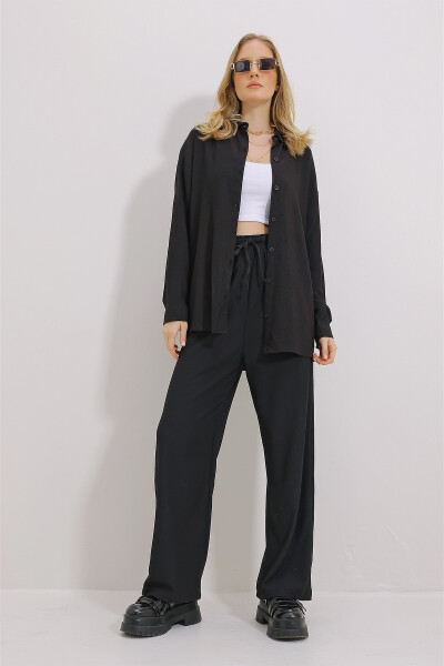 Women's Black Oversized Shirt And Relaxed Fit Crinkle Trousers Set ALC-X9652 - 1