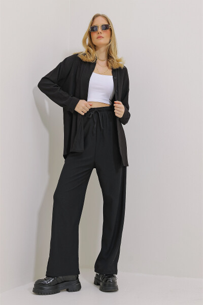 Women's Black Oversized Shirt And Relaxed Fit Crinkle Trousers Set ALC-X9652 - 3