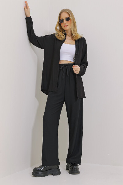 Women's Black Oversized Shirt And Relaxed Fit Crinkle Trousers Set ALC-X9652 - 5