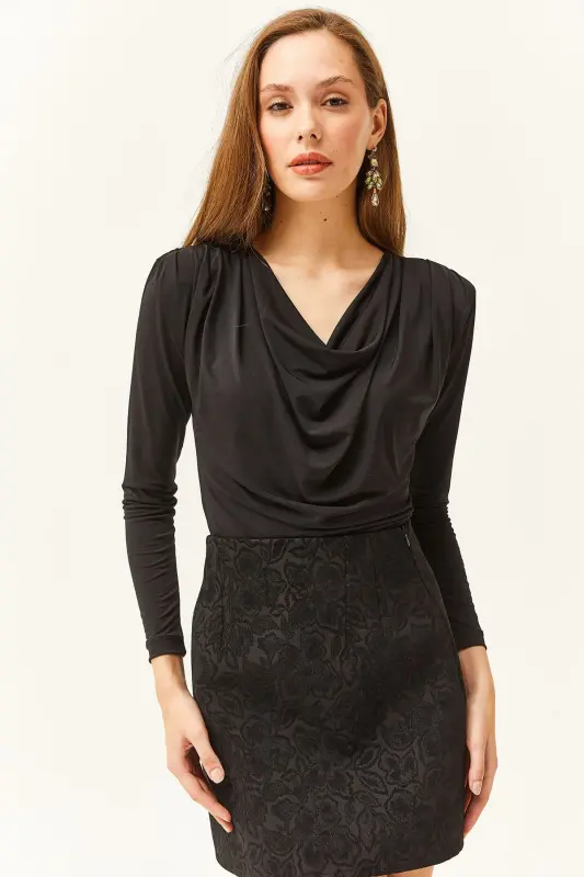 Women's Black Padded Pleated Cowl Neck Blouse BLZ-19002419-Black - 1