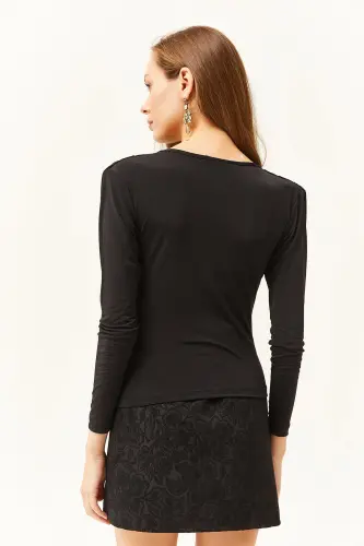 Women's Black Padded Pleated Cowl Neck Blouse BLZ-19002419-Black - 5