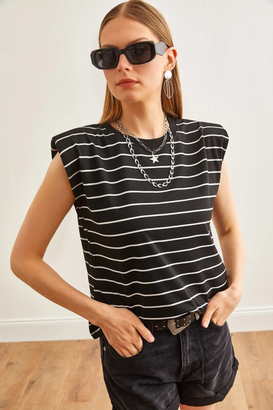 Women's Black Padded Shoulder Striped T-Shirt TSH-19000816-Si - 1