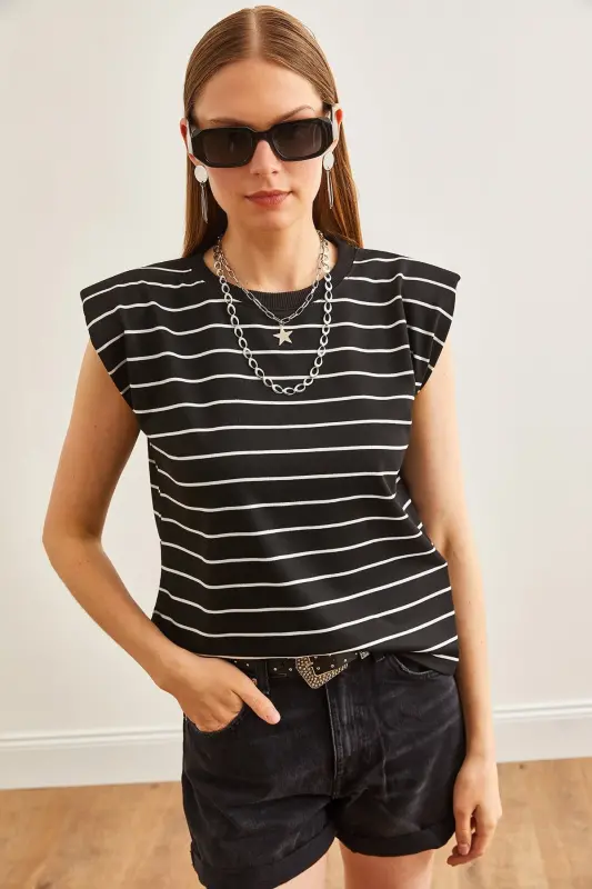 Women's Black Padded Shoulder Striped T-Shirt TSH-19000816-Si - 2