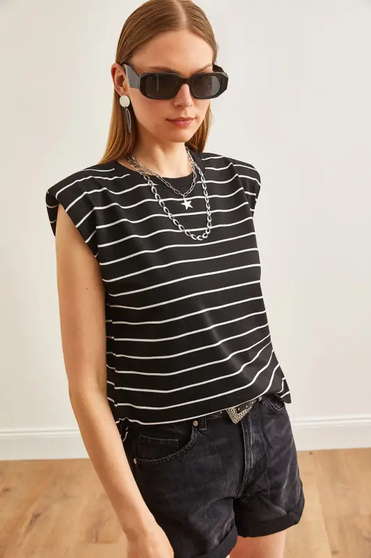 Women's Black Padded Shoulder Striped T-Shirt TSH-19000816-Si - 3