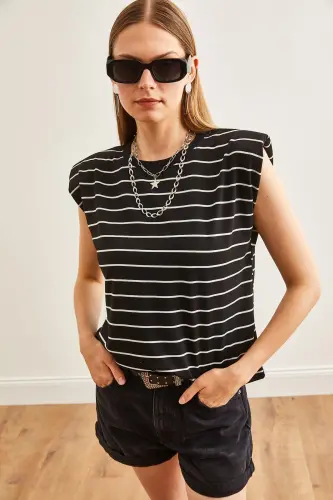 Women's Black Padded Shoulder Striped T-Shirt TSH-19000816-Si - 4