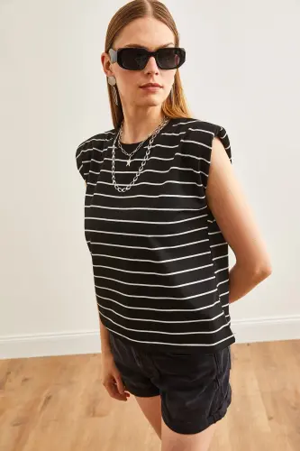 Women's Black Padded Shoulder Striped T-Shirt TSH-19000816-Si - 5