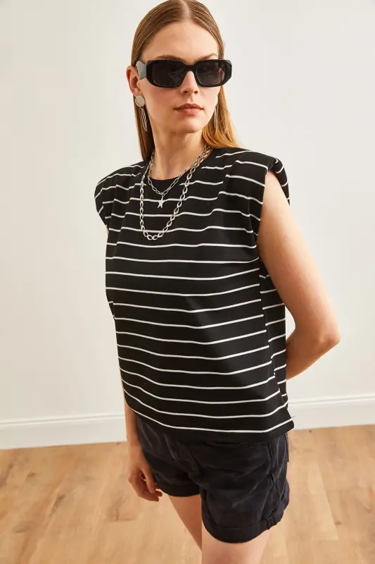 Women's Black Padded Shoulder Striped T-Shirt TSH-19000816-Si - 5