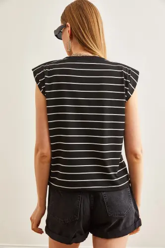 Women's Black Padded Shoulder Striped T-Shirt TSH-19000816-Si - 6