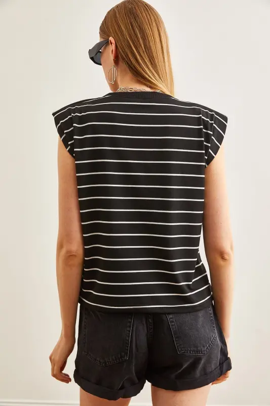 Women's Black Padded Shoulder Striped T-Shirt TSH-19000816-Si - 6