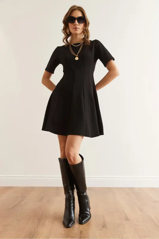 Women's Black Patchwork Trendy Mini Flare Dress CLO-190 - 2