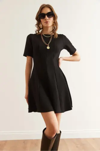 Women's Black Patchwork Trendy Mini Flare Dress CLO-190 - 3