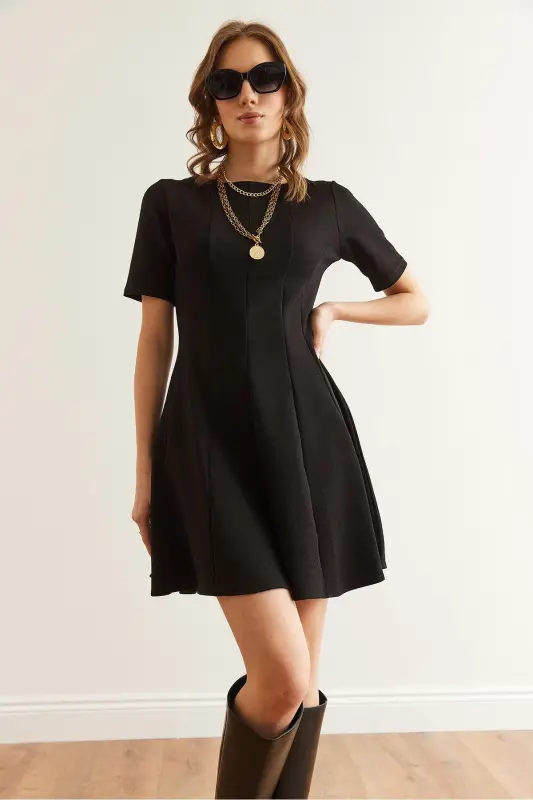 Women's Black Patchwork Trendy Mini Flare Dress CLO-190 - 3