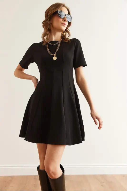 Women's Black Patchwork Trendy Mini Flare Dress CLO-190 - 4