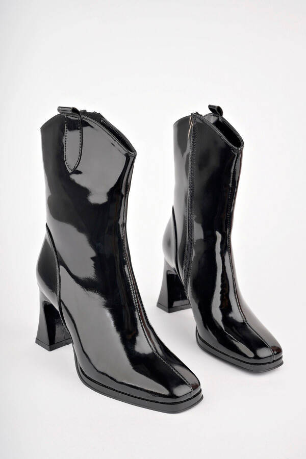 Women's Black Patent Leather Square Toe Heel Boots - 1