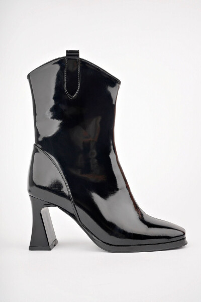 Women's Black Patent Leather Square Toe Heel Boots - 2