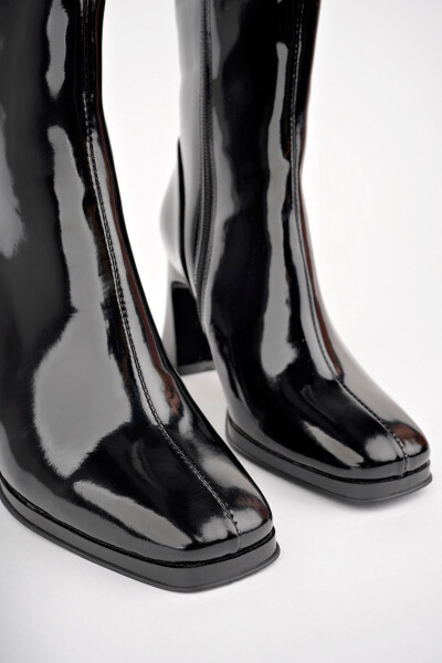 Women's Black Patent Leather Square Toe Heel Boots - 3