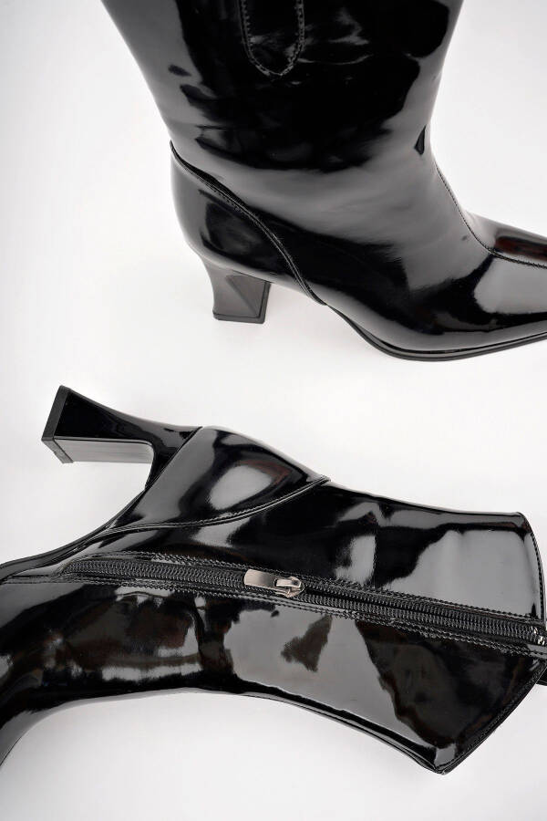 Women's Black Patent Leather Square Toe Heel Boots - 4