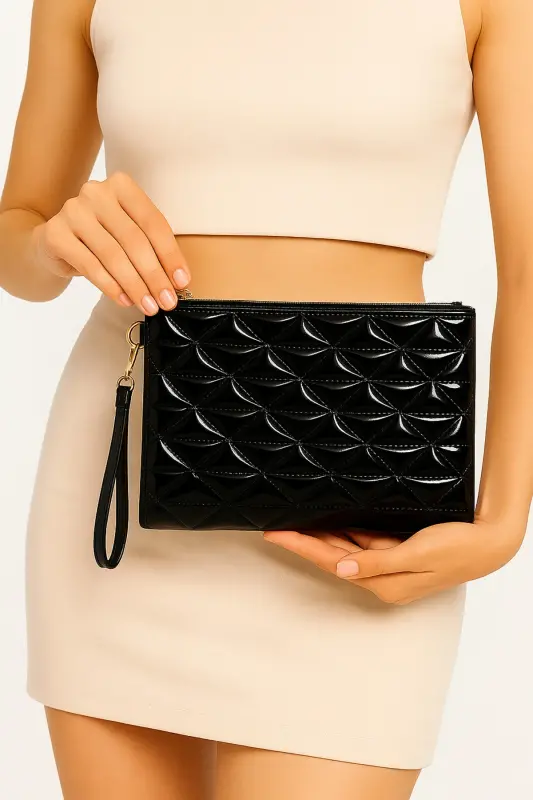 Women's Black Patent Leather Triangle Pattern Portfolio Clutch Handbag - 2