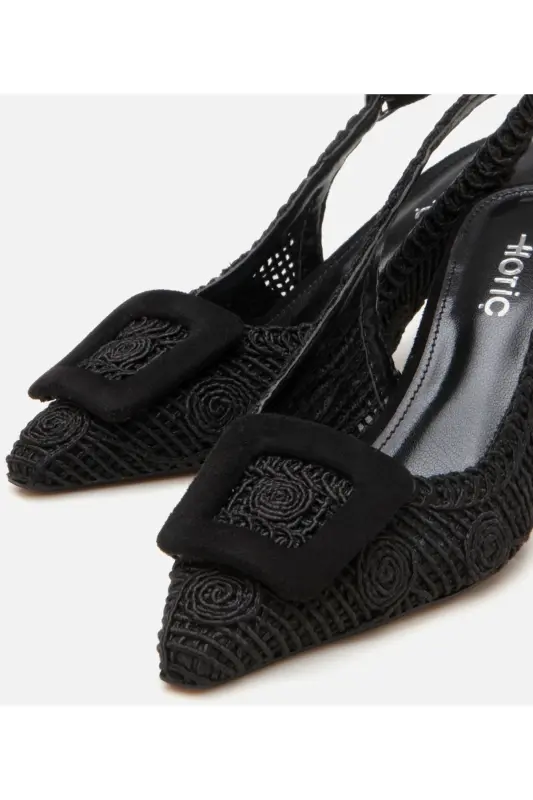 Women's Black Patterned Open Back Heels - 3