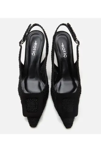 Women's Black Patterned Open Back Heels - 5