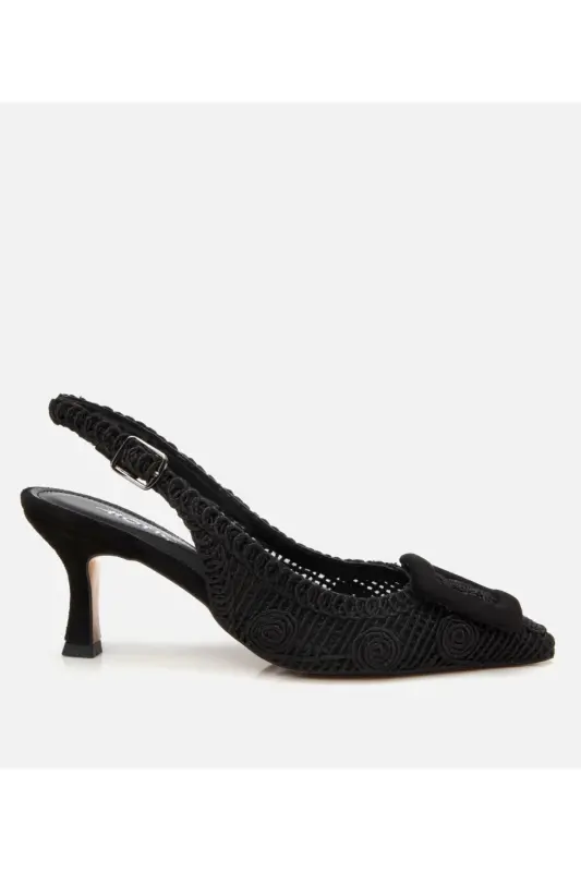 Women's Black Patterned Open Back Heels - HOTIÇ