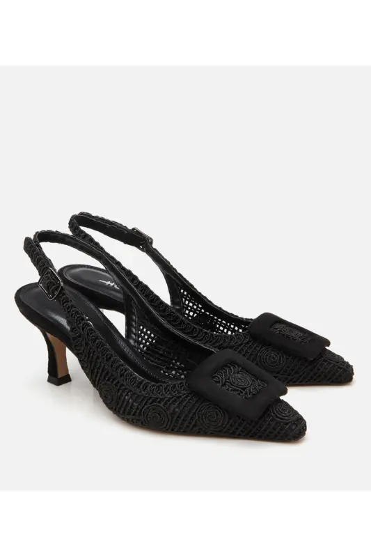 Women's Black Patterned Open Back Heels - 2