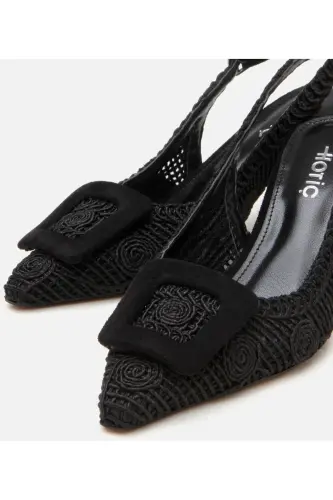 Women's Black Patterned Open Back Heels - 3