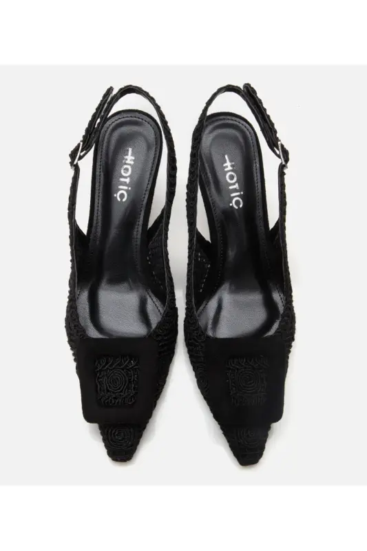 Women's Black Patterned Open Back Heels - 5