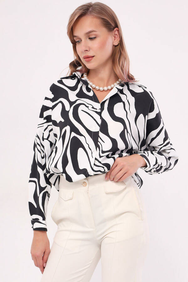 Women's Black Patterned Oversized Long Basic Shirt Arm-22Y001148 - 2