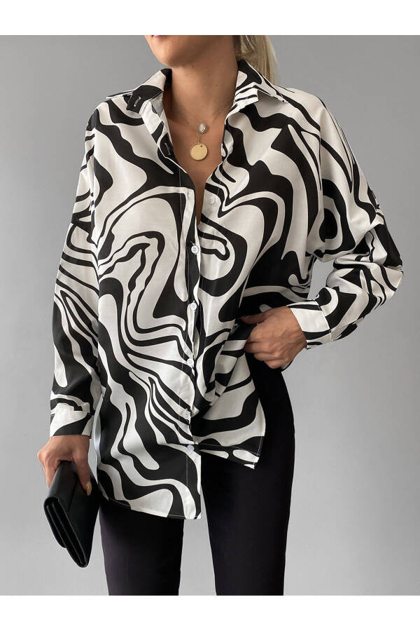 Women's Black Patterned Oversized Long Basic Shirt Arm-22Y001148 - 13